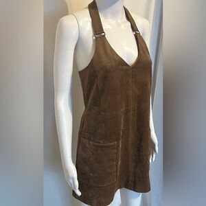 Bcbgmaxazaria Sz M Brown Faux Suede Halter Mini Dress Retro 1970’s Vintage Inspo
